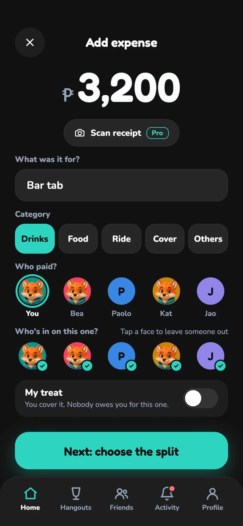 Adding a ₱3,200 bar tab: category, who paid and who's in on it.