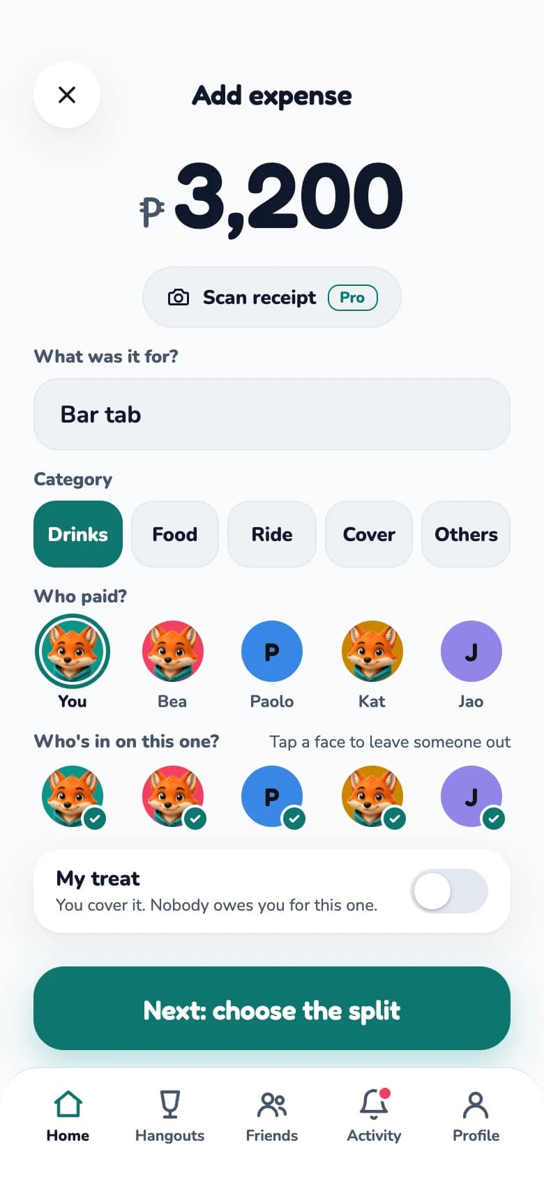 Adding a ₱3,200 bar tab: category, who paid and who's in on it.