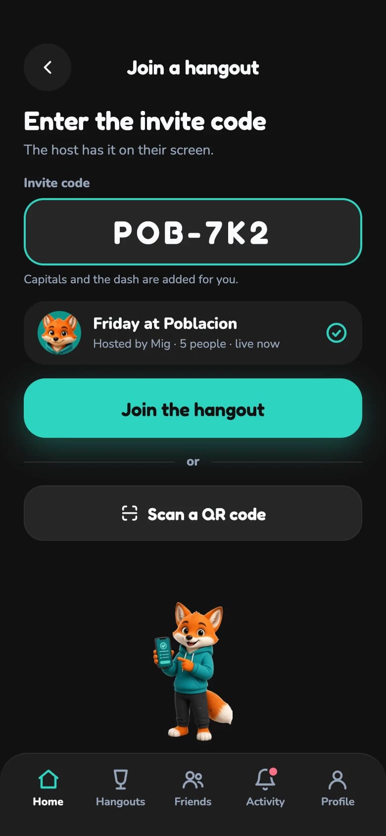 Join screen with the invite code entered and the matching hangout found.