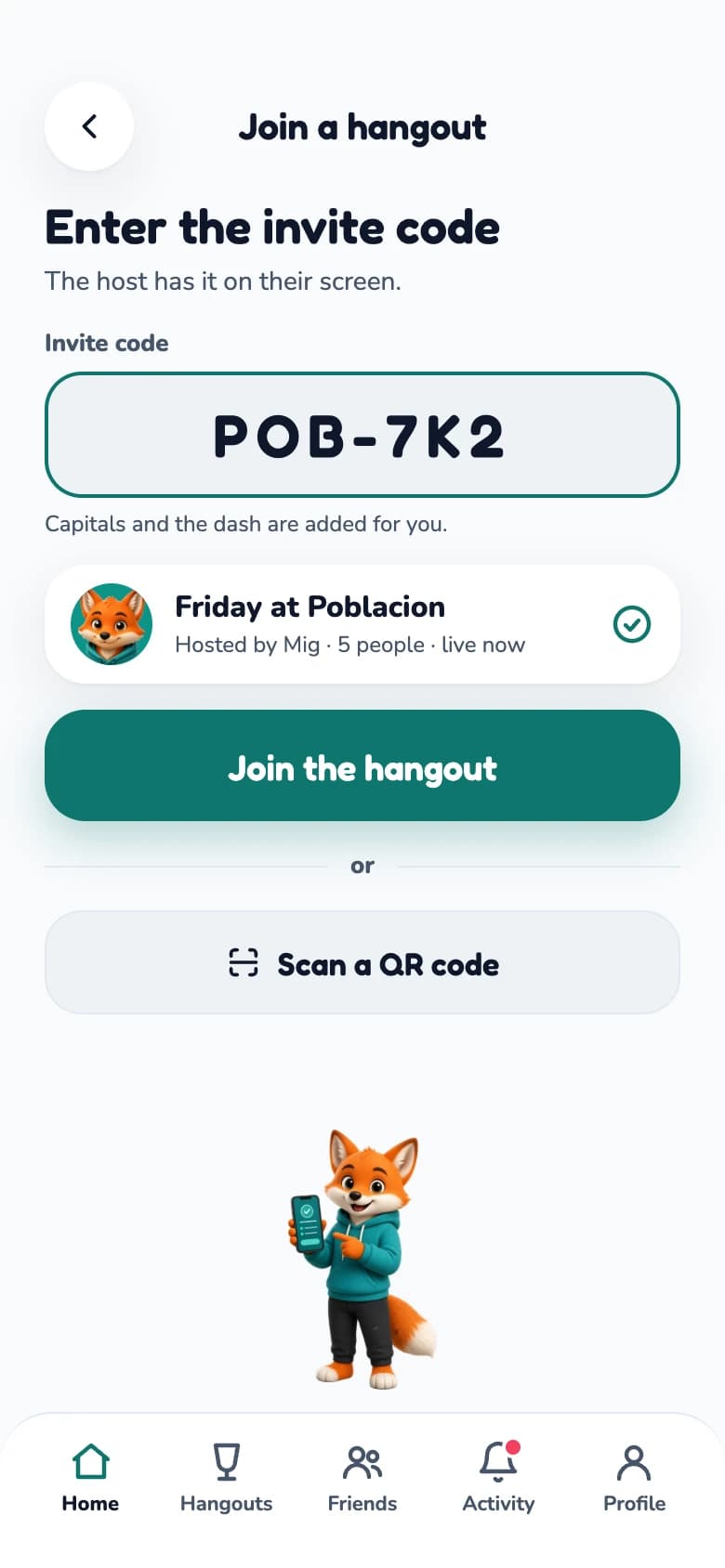 Join screen with the invite code entered and the matching hangout found.