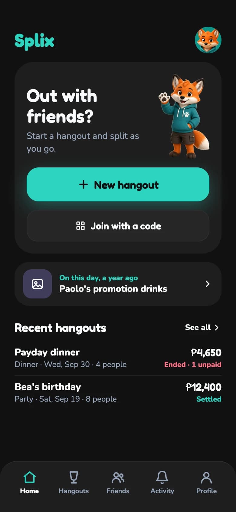 Home screen inviting you to start a hangout or join with a code.
