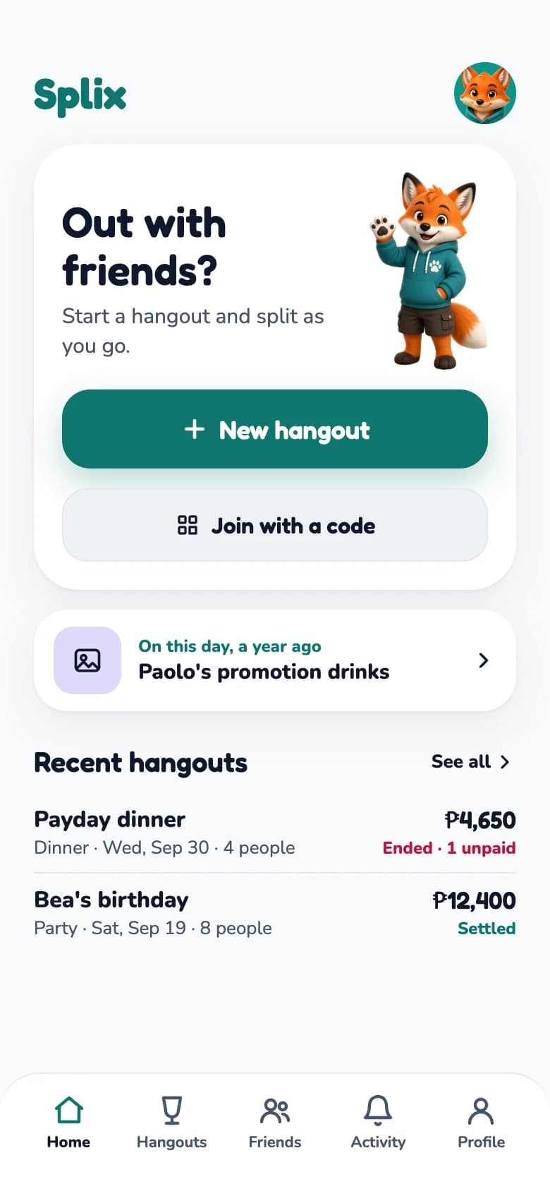 Home screen inviting you to start a hangout or join with a code.
