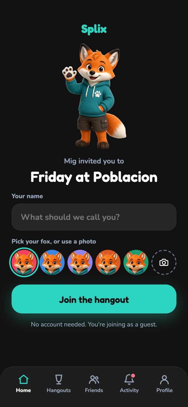 A friend joining from an invite link as a guest, picking a name and a fox.
