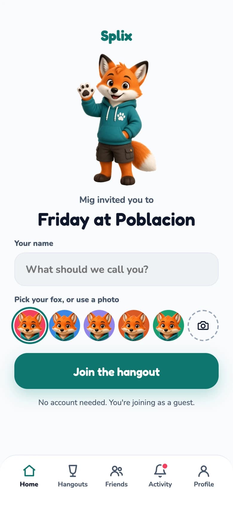 A friend joining from an invite link as a guest, picking a name and a fox.