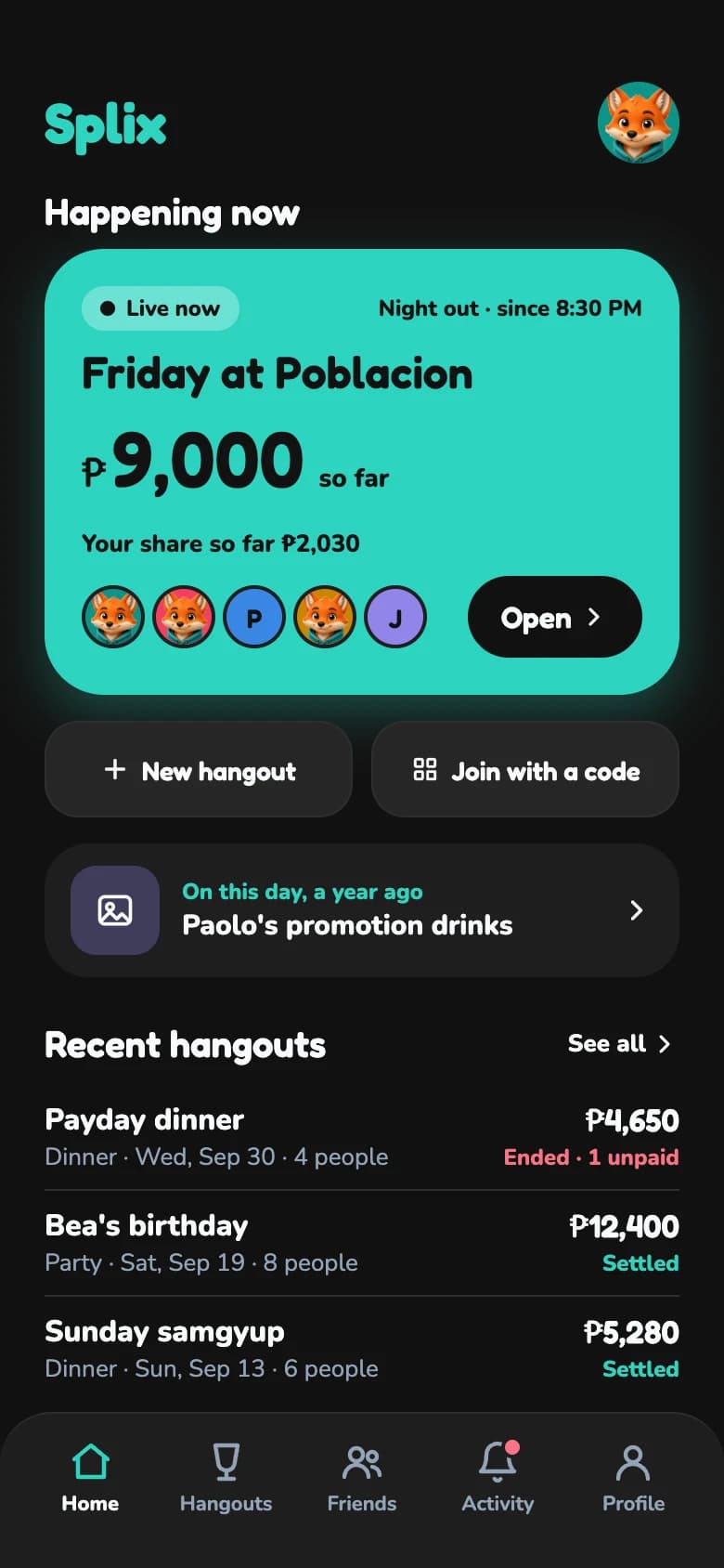 Home screen with a live hangout card showing ₱9,000 so far.