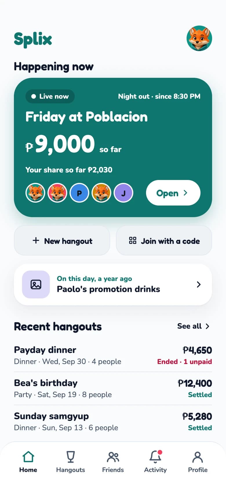 Home screen with a live hangout card showing ₱9,000 so far.