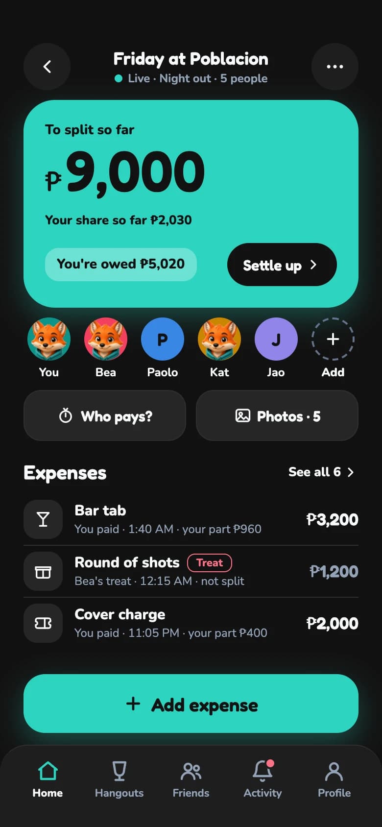 A live Splix hangout: ₱9,000 to split so far between five people.