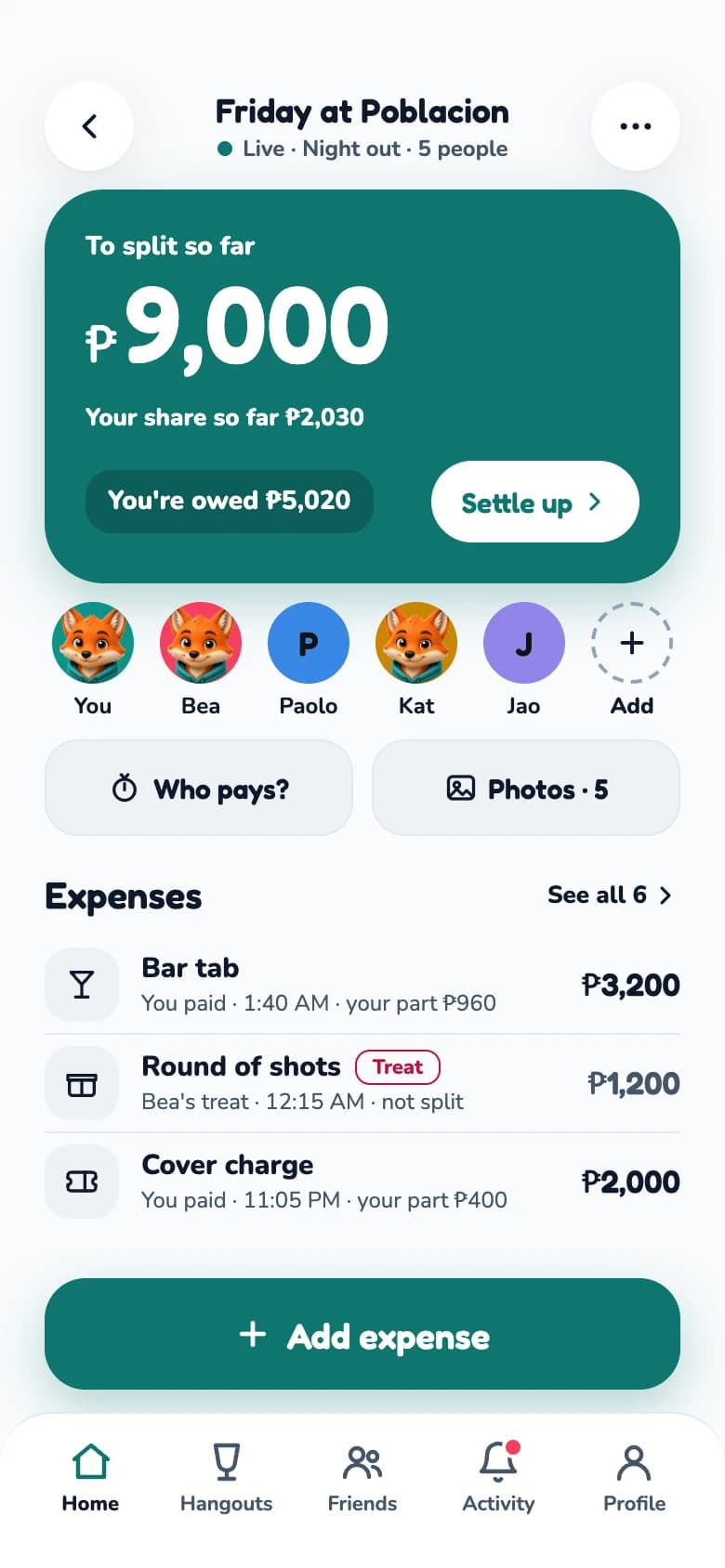 A live Splix hangout: ₱9,000 to split so far between five people.