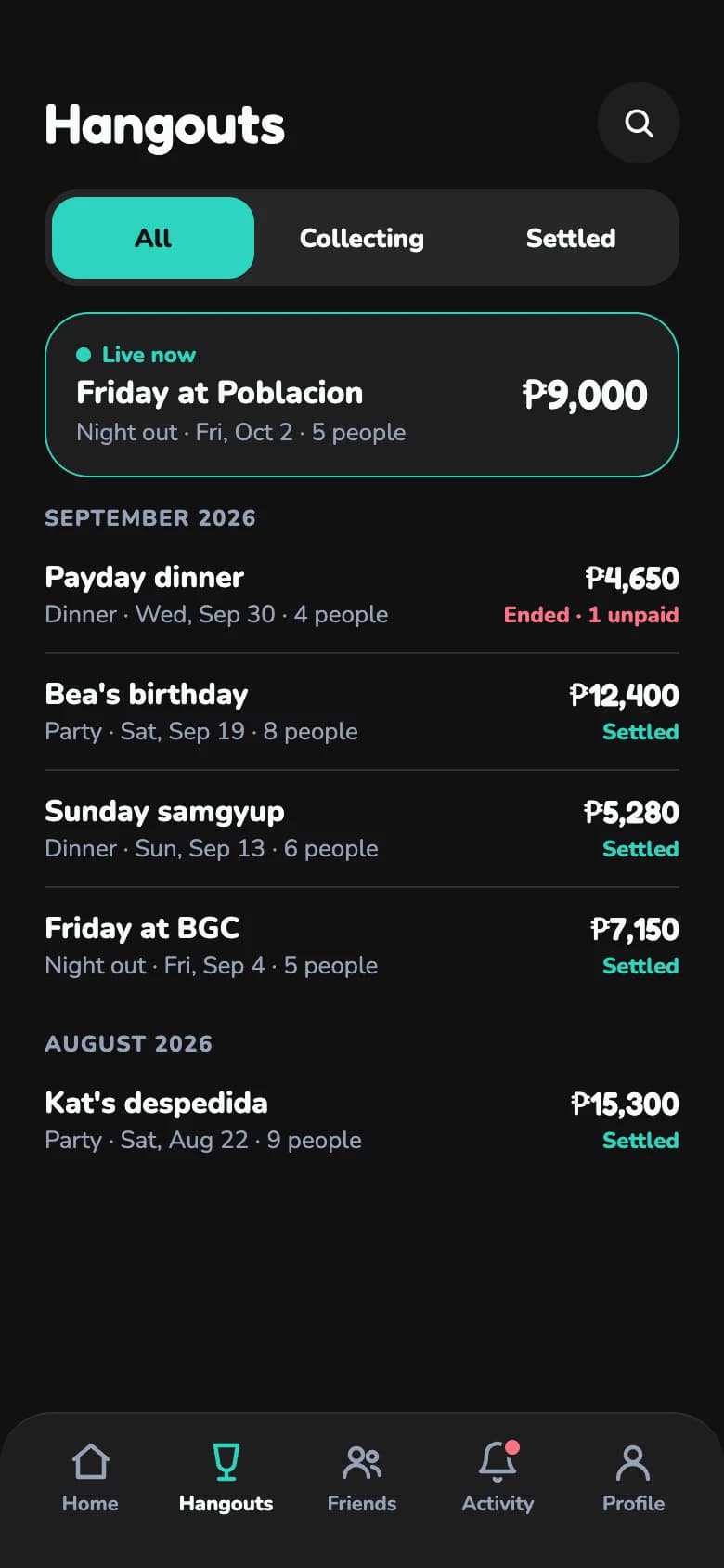 The Hangouts tab listing live, collecting and settled hangouts.