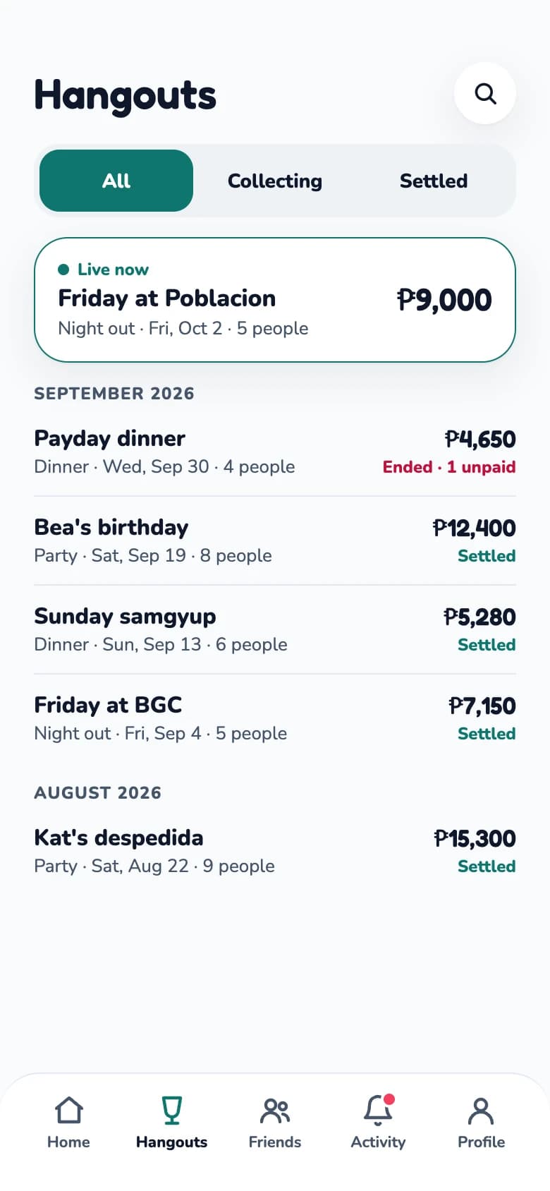 The Hangouts tab listing live, collecting and settled hangouts.