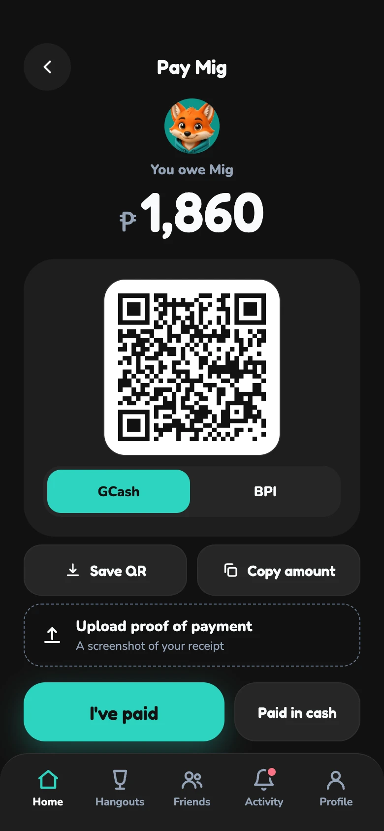 A friend's pay screen with a GCash QR code and buttons to upload proof.