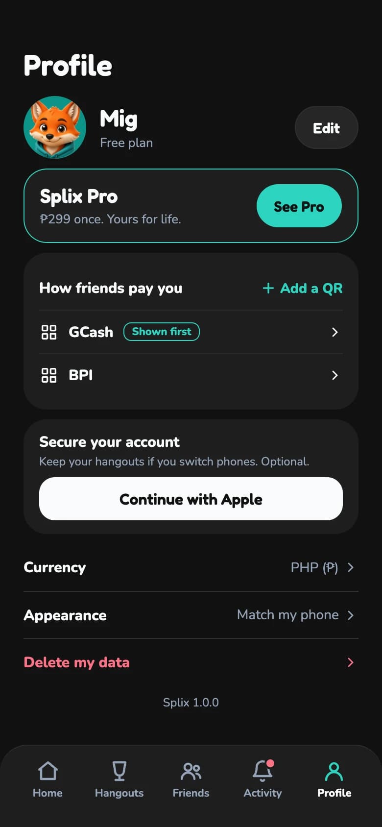 Profile with GCash and bank QR codes and a Secure your account option.