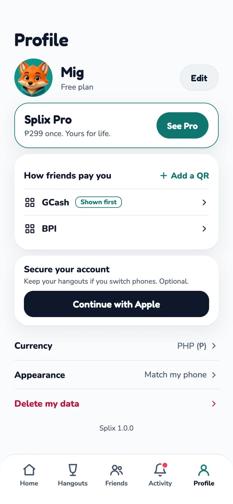 Profile with GCash and bank QR codes and a Secure your account option.