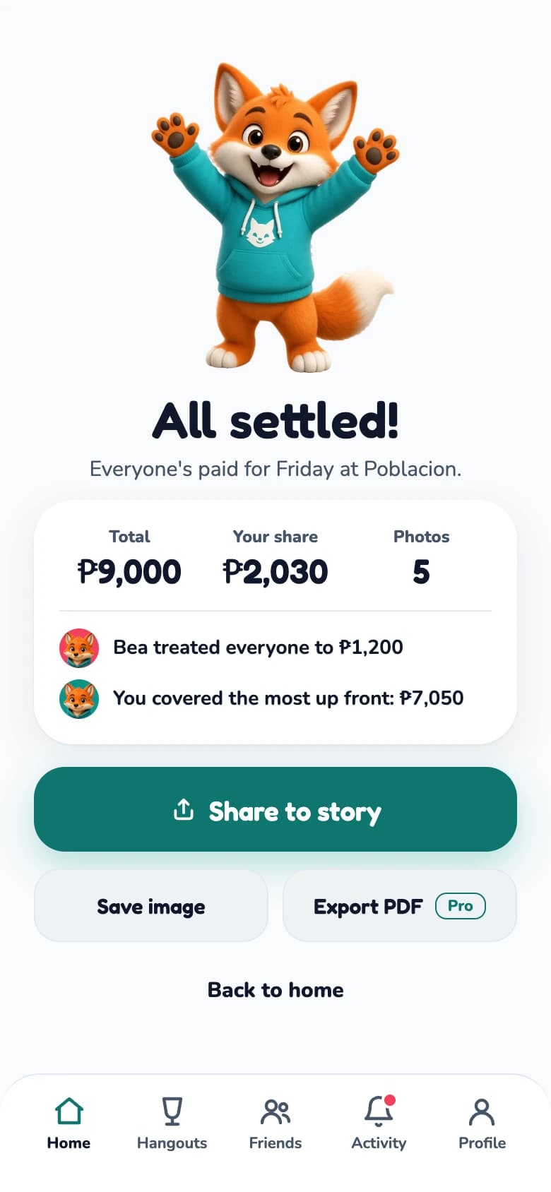 An All settled screen with a cheering fox and a recap of the night.