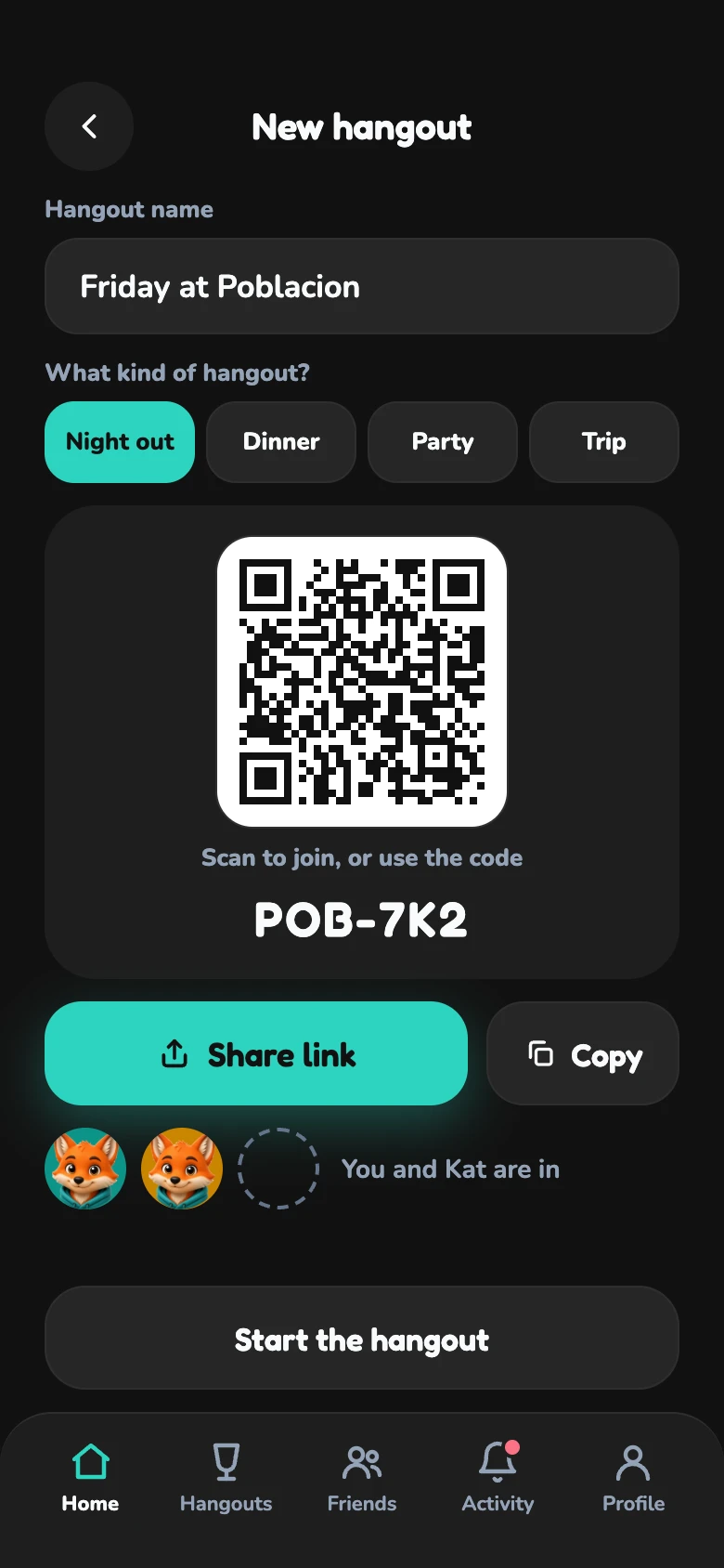 New hangout screen with a name, a type, a QR code and the invite code POB-7K2.