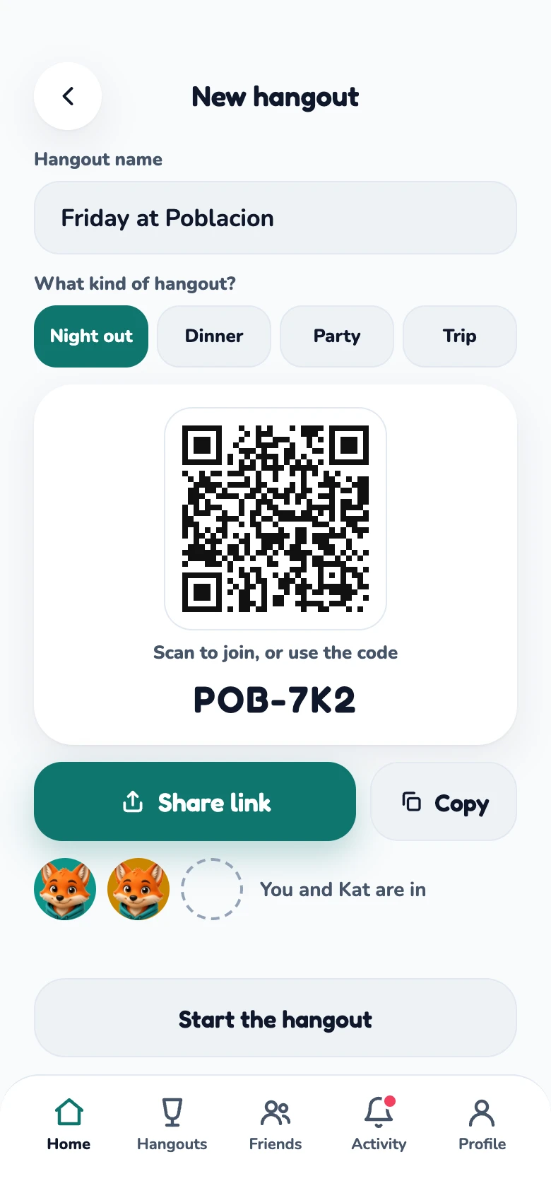 New hangout screen with a name, a type, a QR code and the invite code POB-7K2.