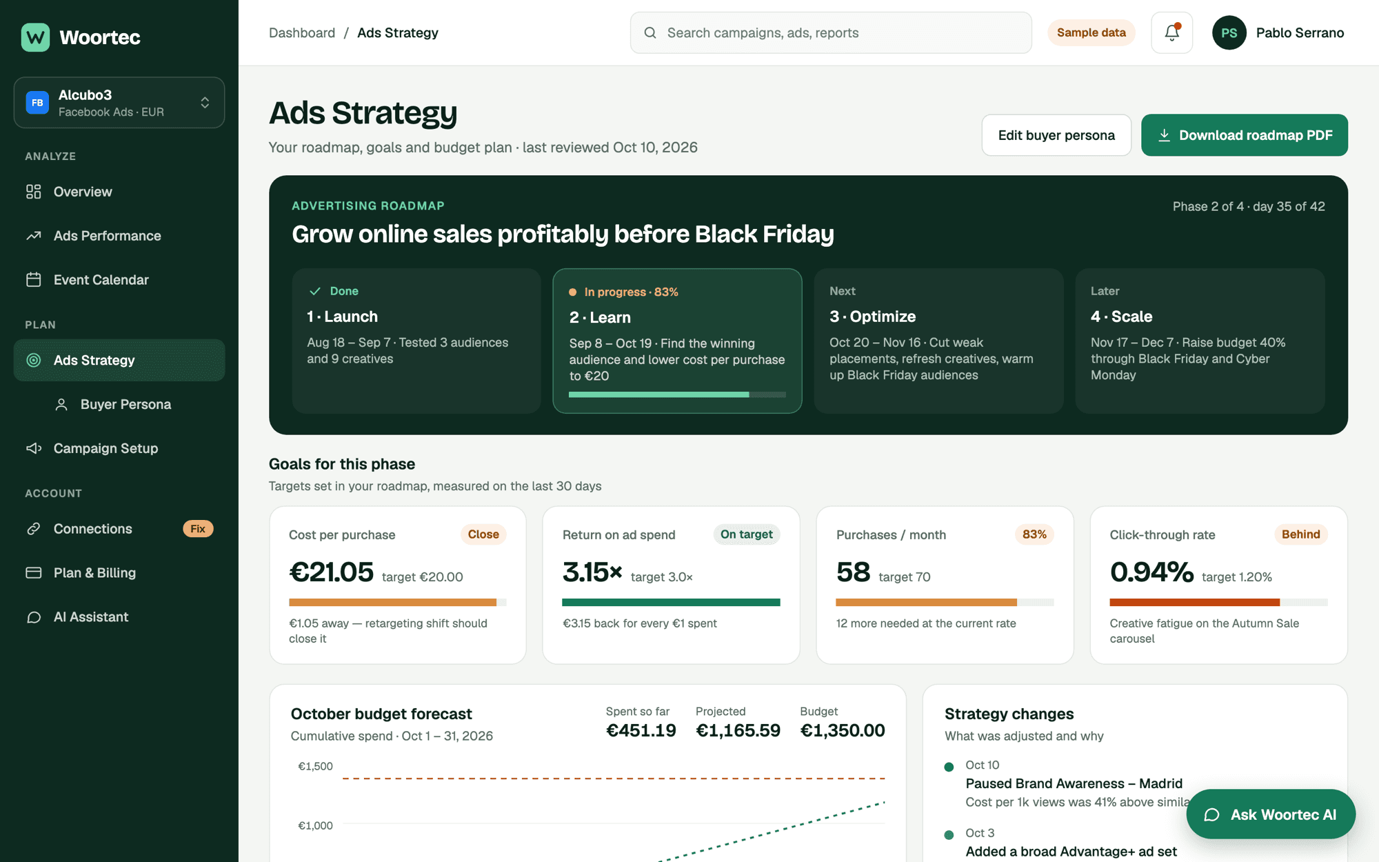 Ads strategy: a four-phase advertising roadmap, goals for the phase and an October budget forecast.