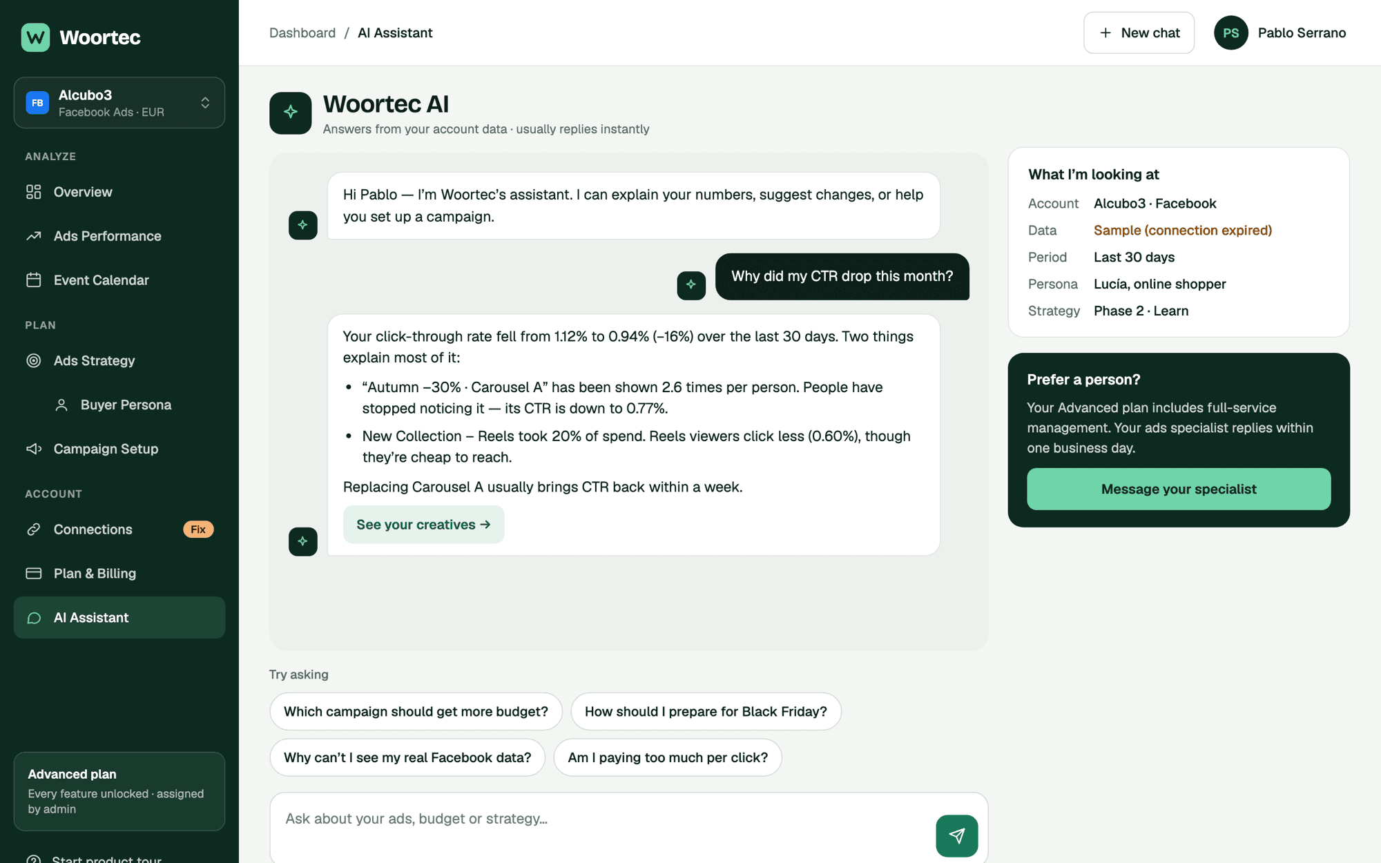 Woortec AI explaining why click-through rate dropped, beside the account, period, persona and strategy it's looking at.