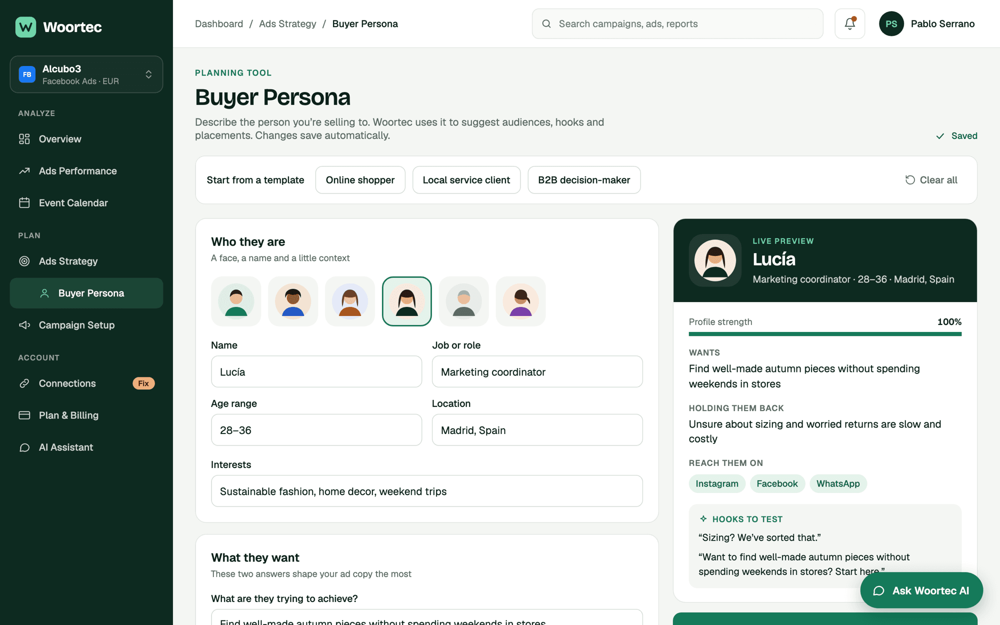 Buyer persona builder with a live preview of the persona, what they want, what holds them back and hooks to test.