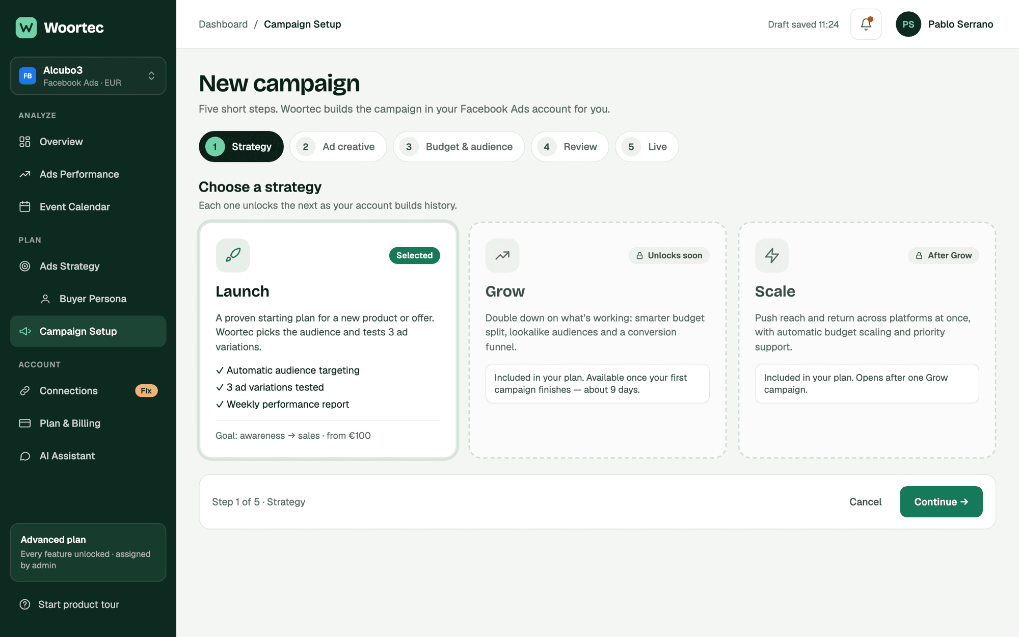 New campaign wizard: choosing a Launch, Grow or Scale strategy and adding ad creatives.