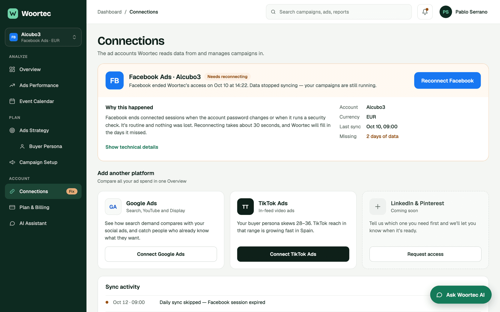 Connections: a Facebook Ads account that needs reconnecting, with why it happened and what was missed.