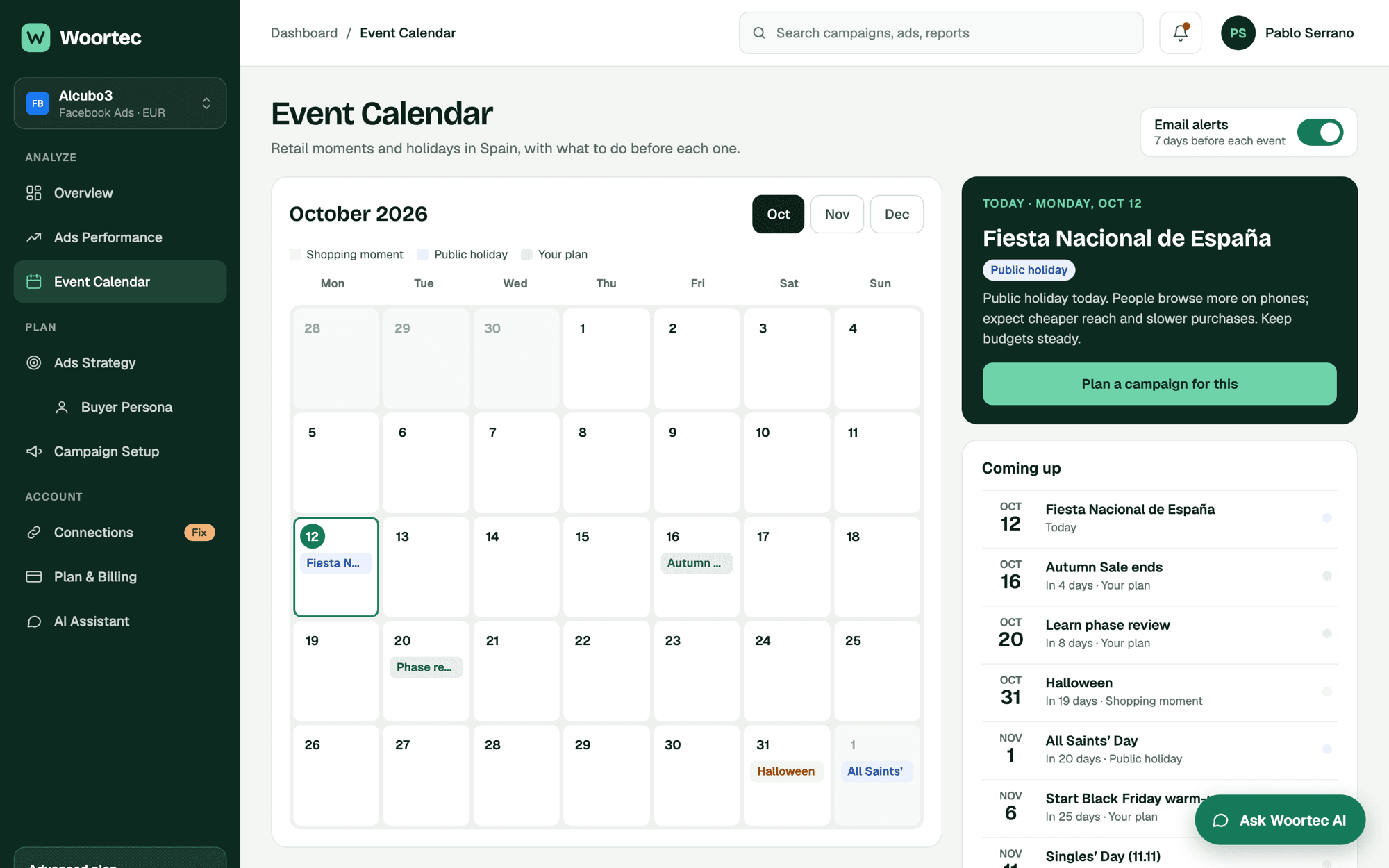 Event calendar for October with holidays and shopping moments, today's event and a list of what's coming up.