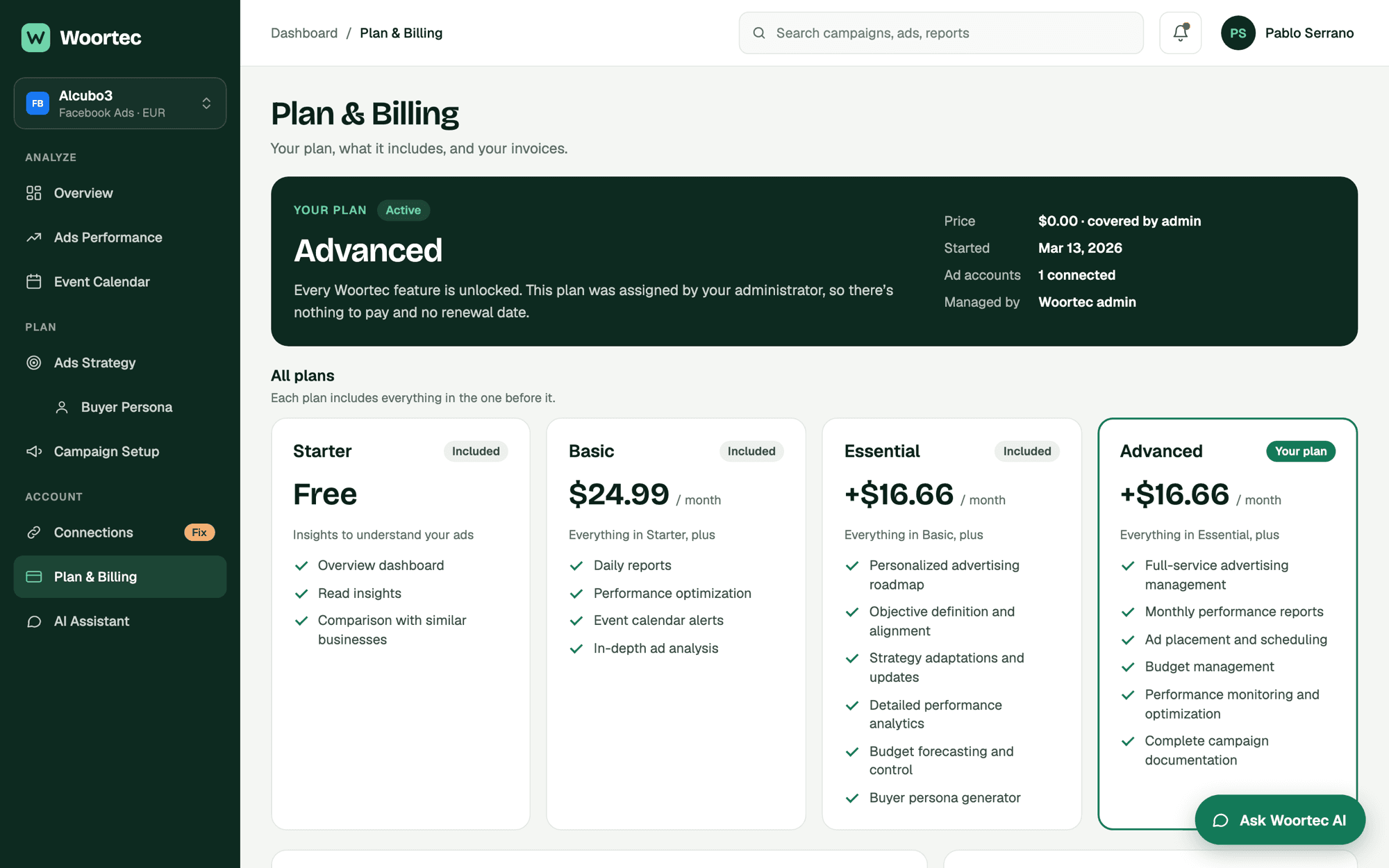 Plan and billing: the current plan and the Starter, Basic, Essential and Advanced plans.